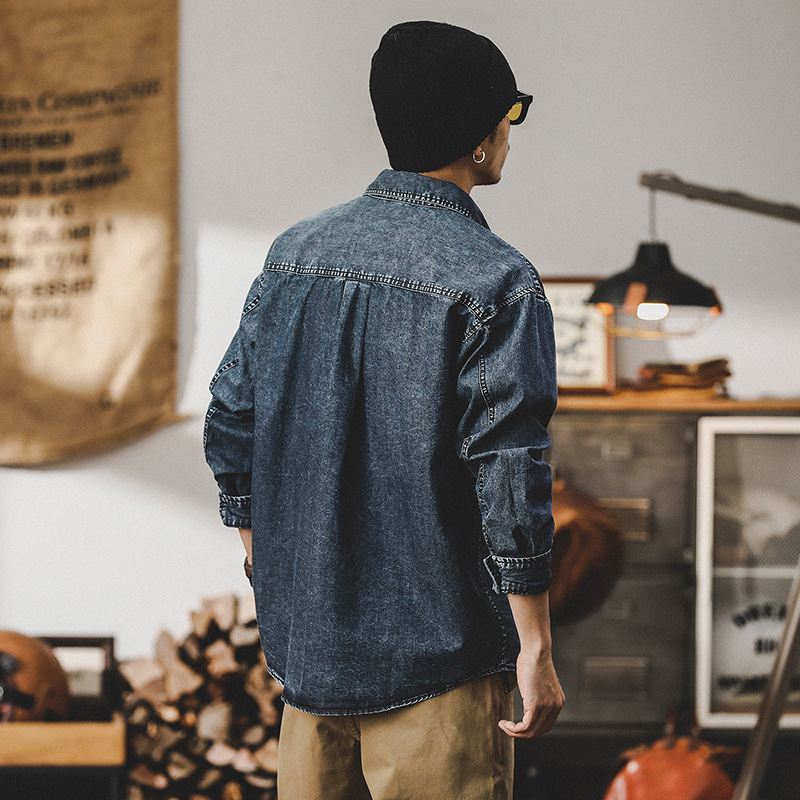 美式工裝牛仔襯衫男長袖2024新款酵磨復古襯衣男春秋男士上衣外套