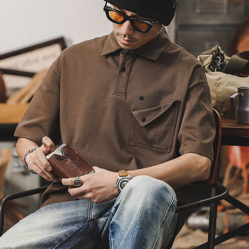 美式復古重磅polo衫短袖男夏季寬鬆休閒古著上衣簡約設計感男T恤