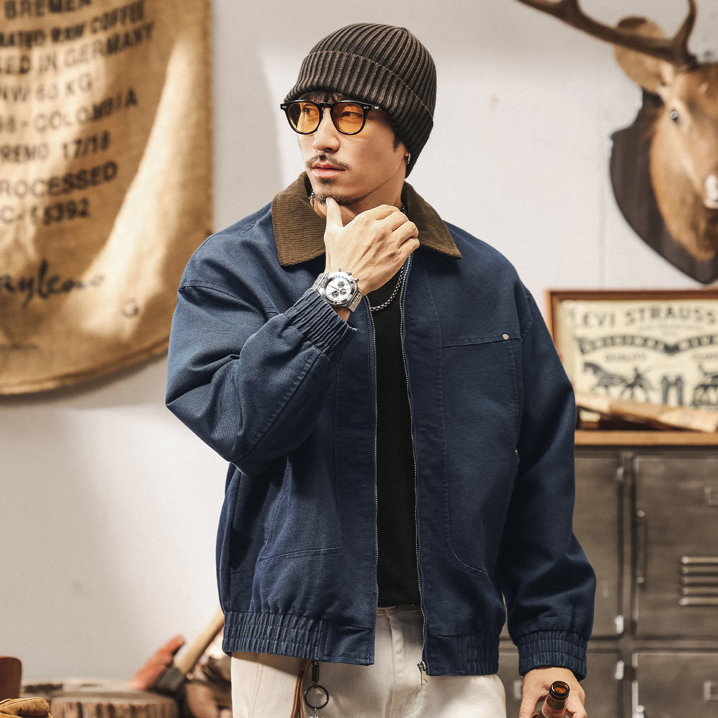 美式復古霜感巴恩風外套男春秋2025新款潮牌工裝寬鬆行政教練夾克