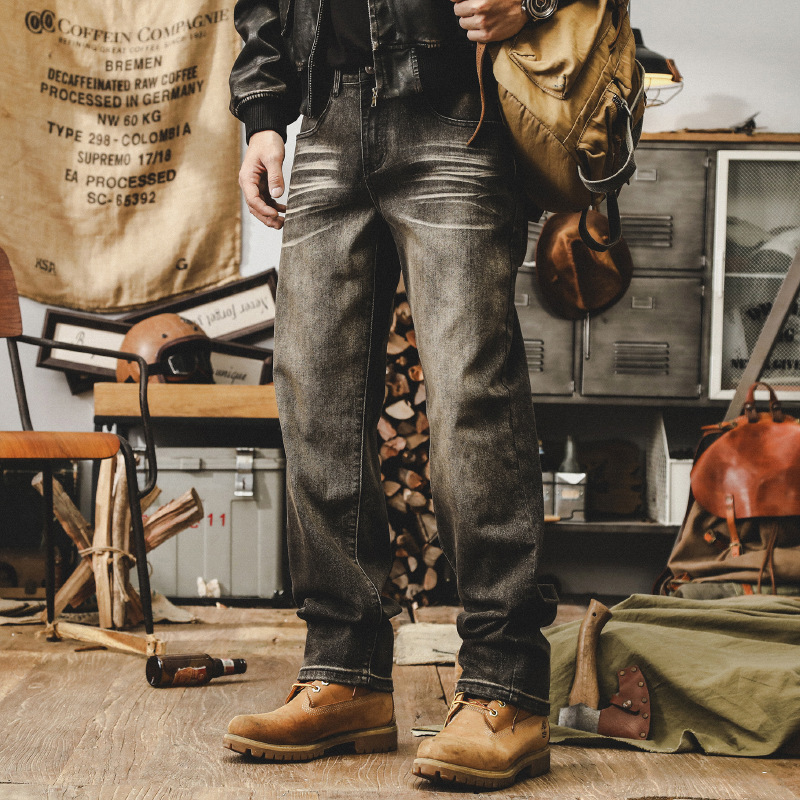 美式複古阿美咔叽牛仔褲男寬松直筒高街褲子男做舊水洗秋季休閑褲