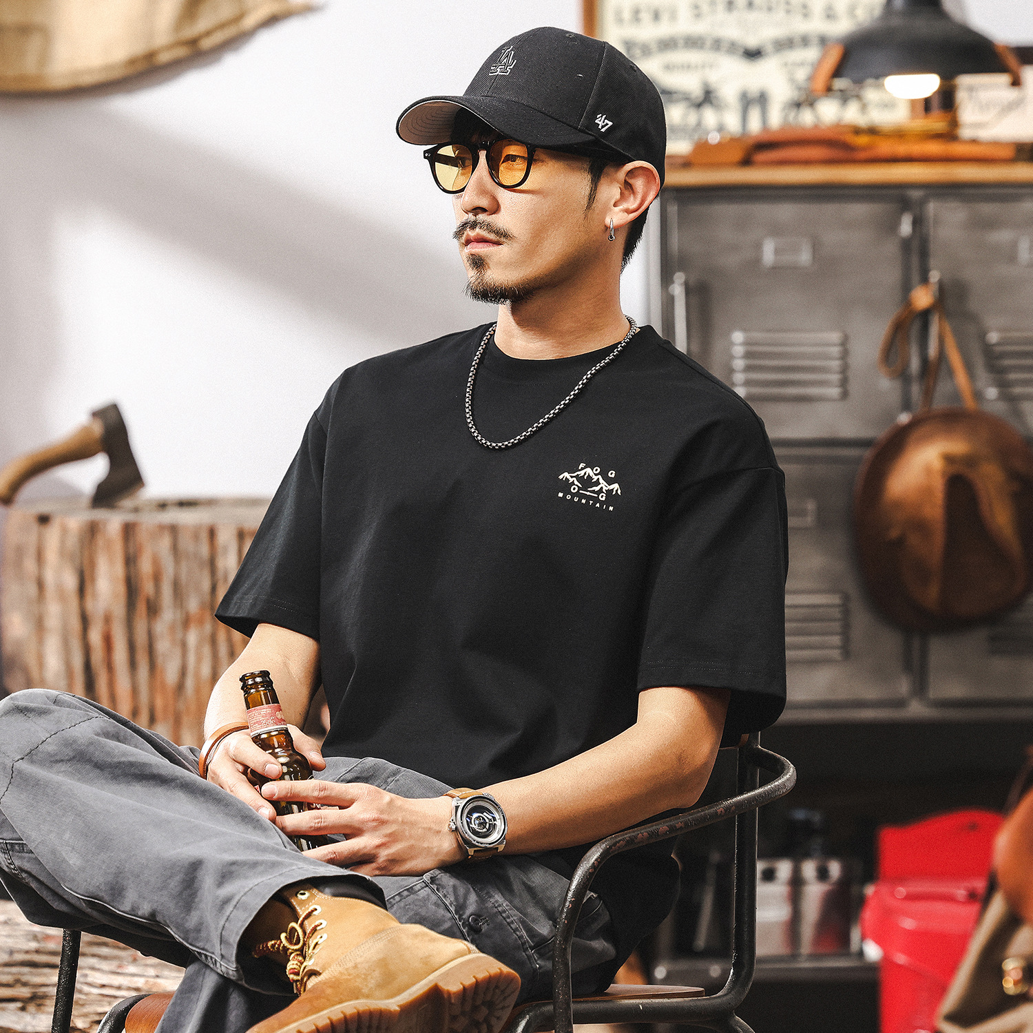 冰絲涼感T恤男夏季2025新款短袖男款潮牌山系印花寬鬆美式上衣男