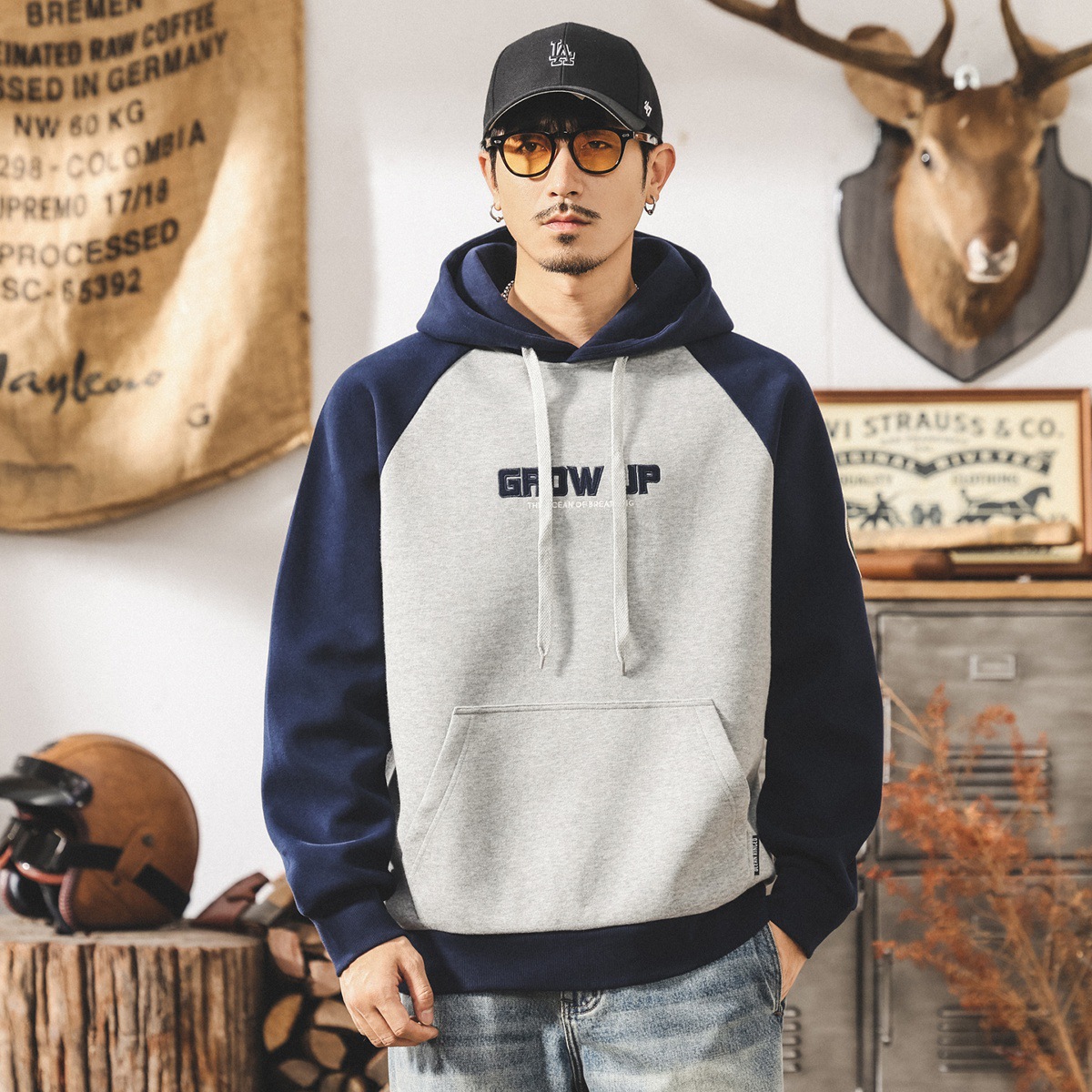 美式復古390g重磅衛衣男連帽刺繡山系潮牌拼接寬鬆休閒秋冬外套男