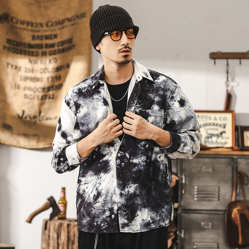 國風復古襯衫男長袖潮牌高級感紮染水墨立體印花襯衣男春秋款外套