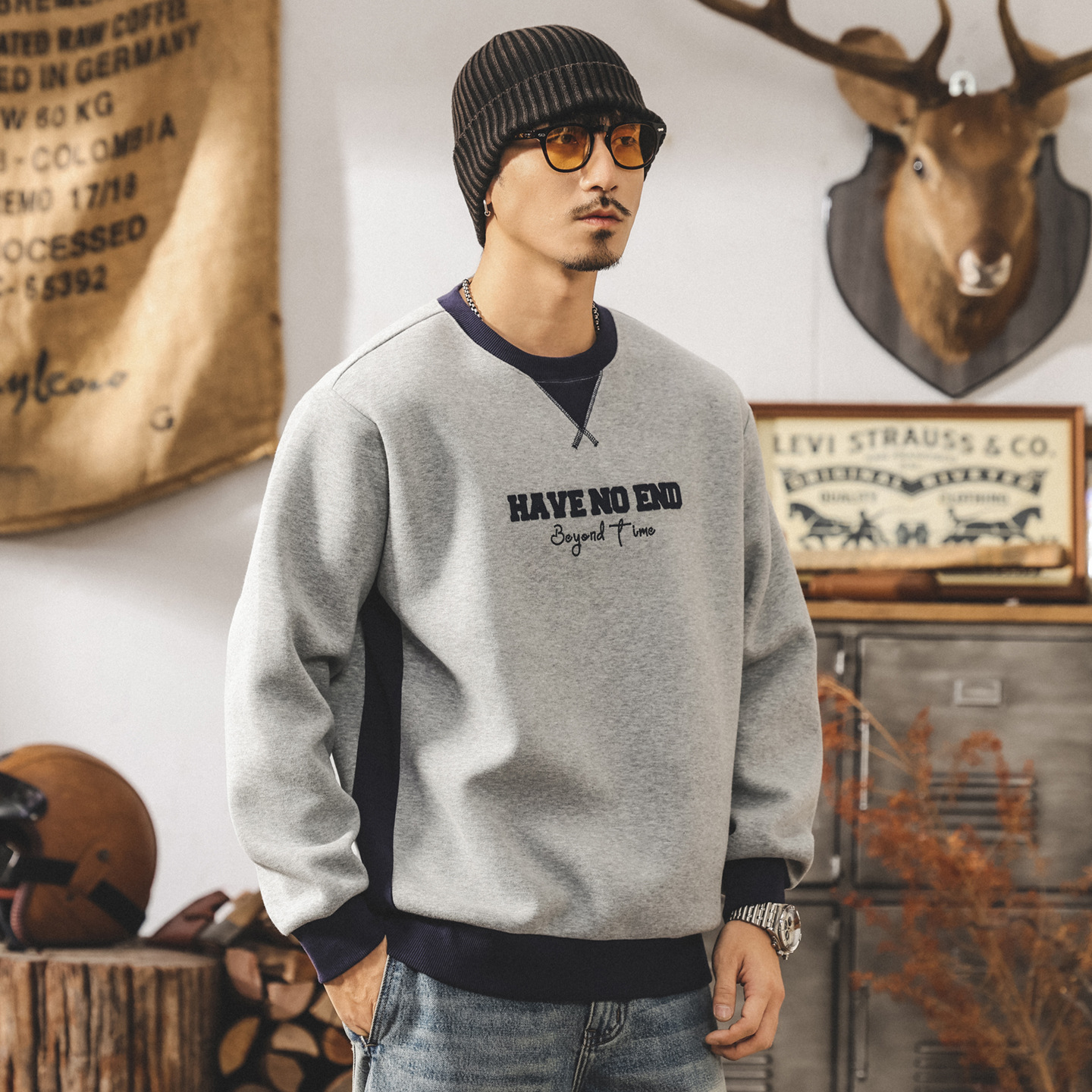 美式390g重磅復古衛衣男款寬鬆大碼潮牌拼接撞色休閒秋季上衣男潮