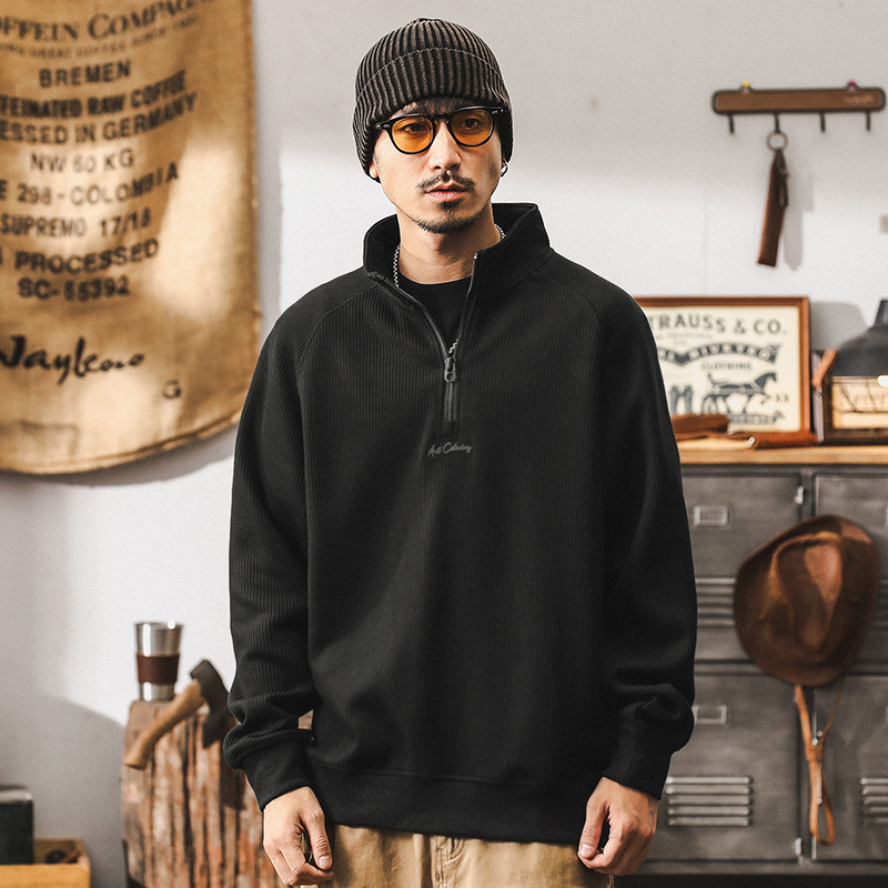 美式復古磨毛條紋針織重磅衛衣男秋季新款潮牌寬鬆肌理感休閒上衣