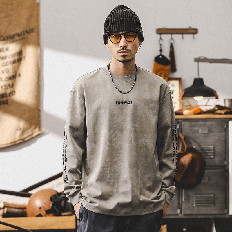 美式複古長袖T恤男春秋季做舊印花上衣T潮牌寬松休閑衣服男款潮流