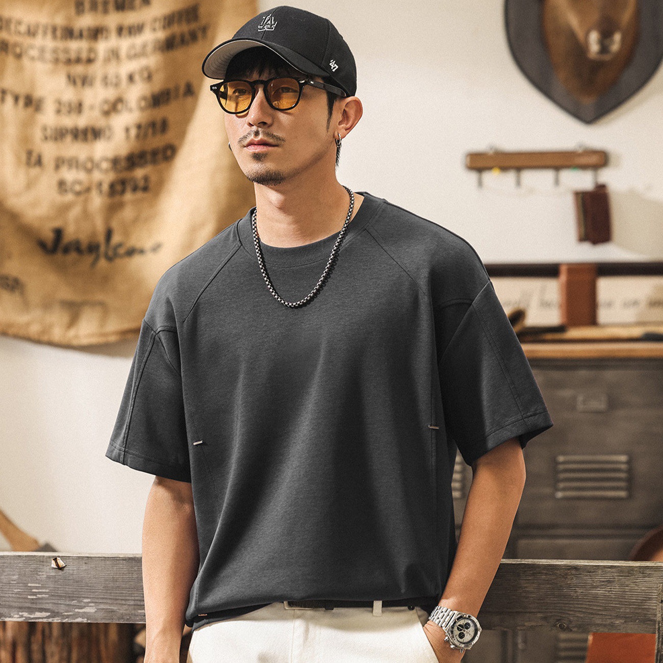 7A抗菌涼感果凍棉T恤男夏季新款美式短袖潮流紫色多巴胺男士上衣