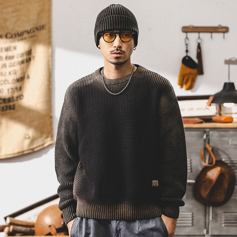 美式復古重磅毛衣男寬鬆潮牌撞色秋冬款美拉德慵懶風針織衫外套男