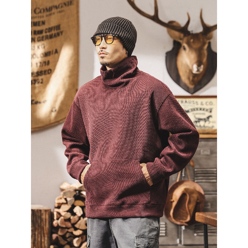 美式復古550g重磅高領衛衣男秋冬新款寬鬆保暖棗紅色男士秋季上衣