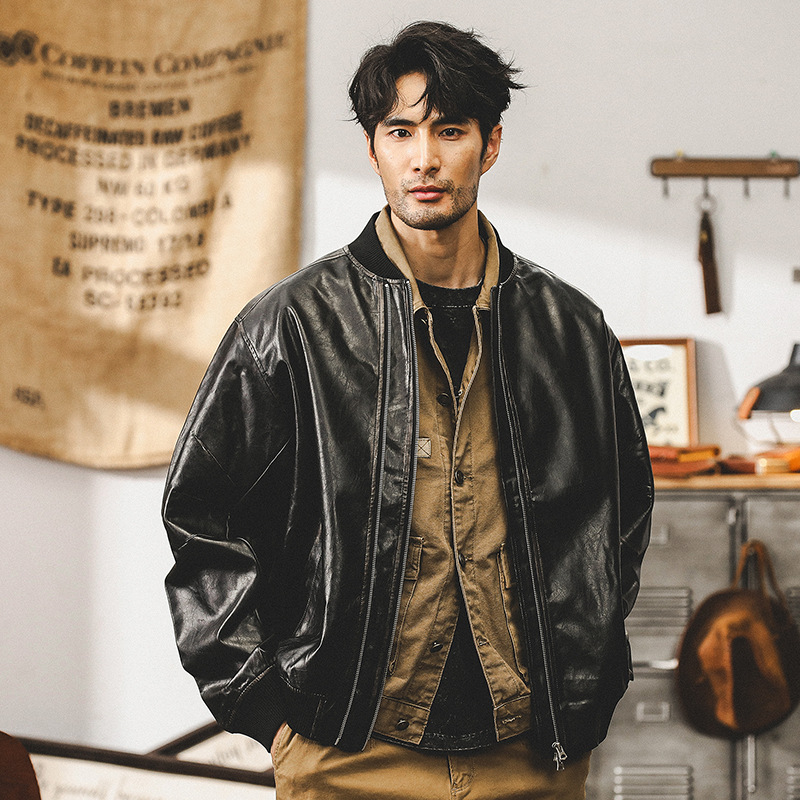 美式復古做舊機車皮衣外套男寬鬆秋季潮牌硬漢潮流飛行員夾克男款
