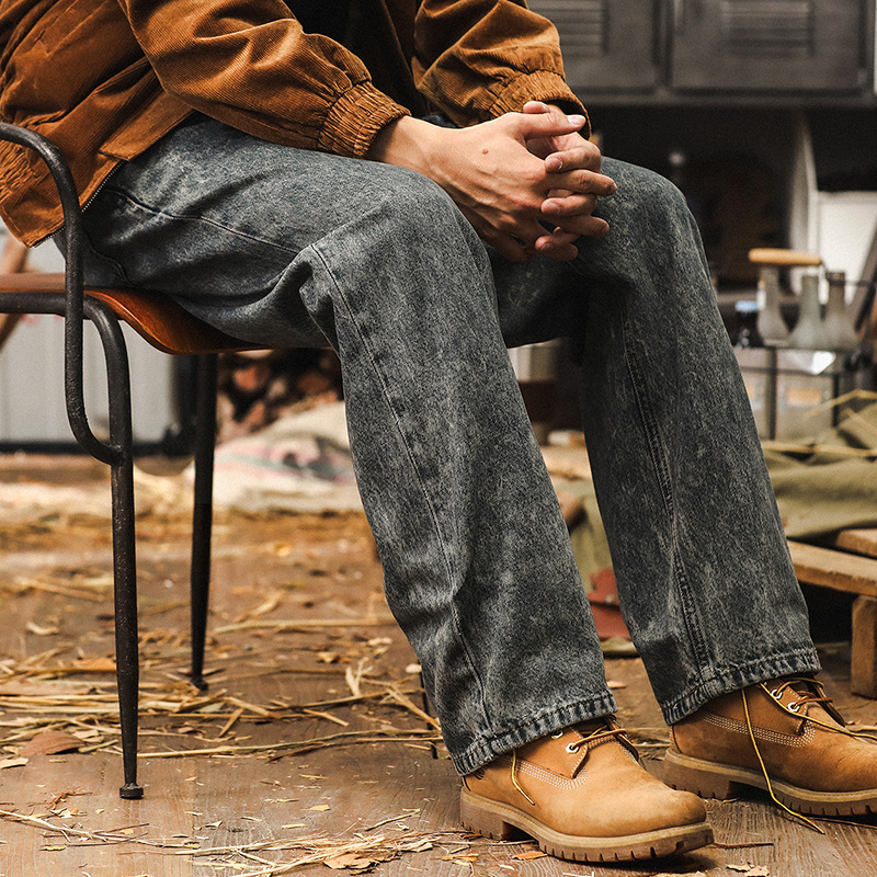 美式重磅雪花水洗復古牛仔褲男秋季休閒褲子男寬鬆潮牌闊腿直筒褲