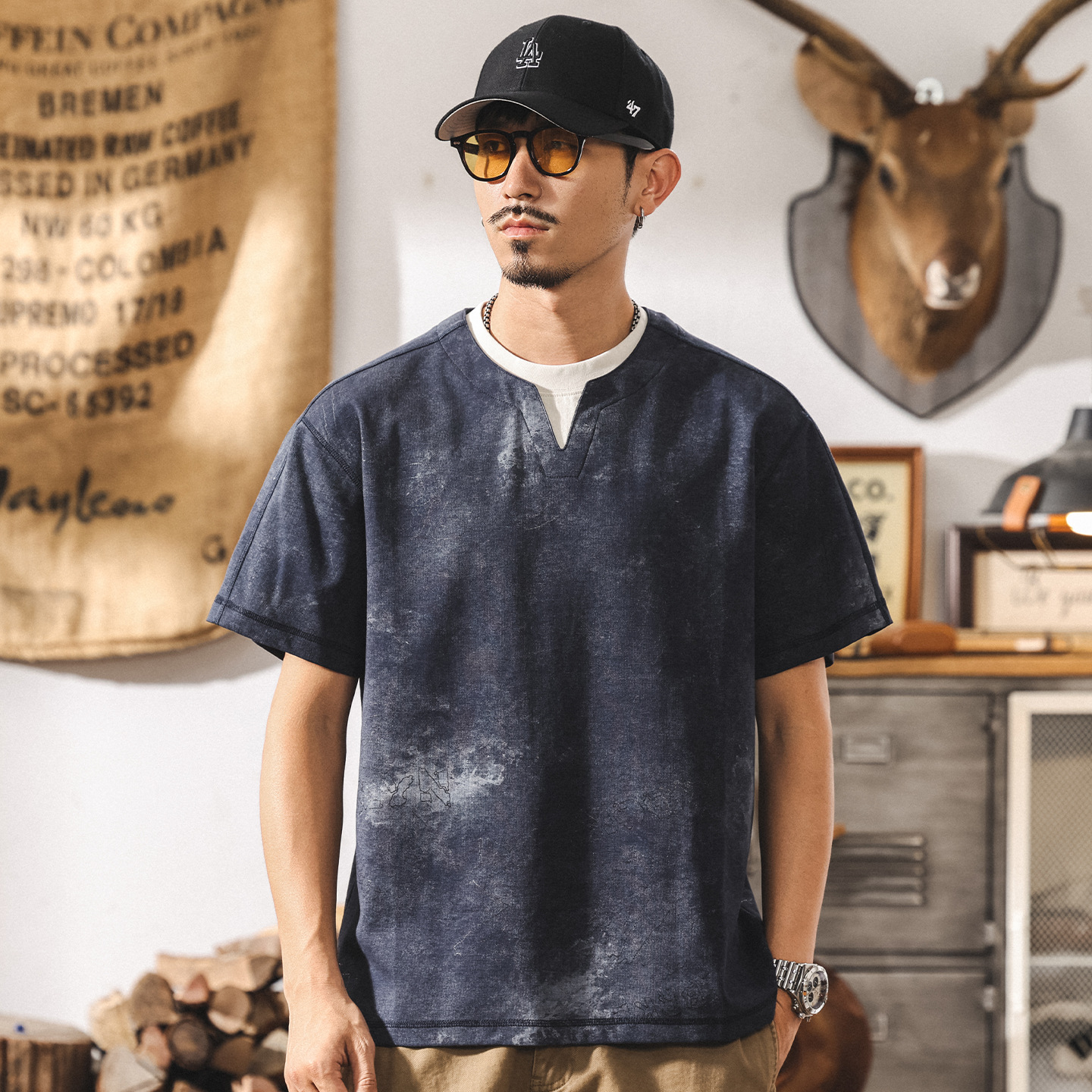 美式復古假兩件T恤男士短袖夏季新款潮牌扎染雙層領寬鬆休閒上衣T