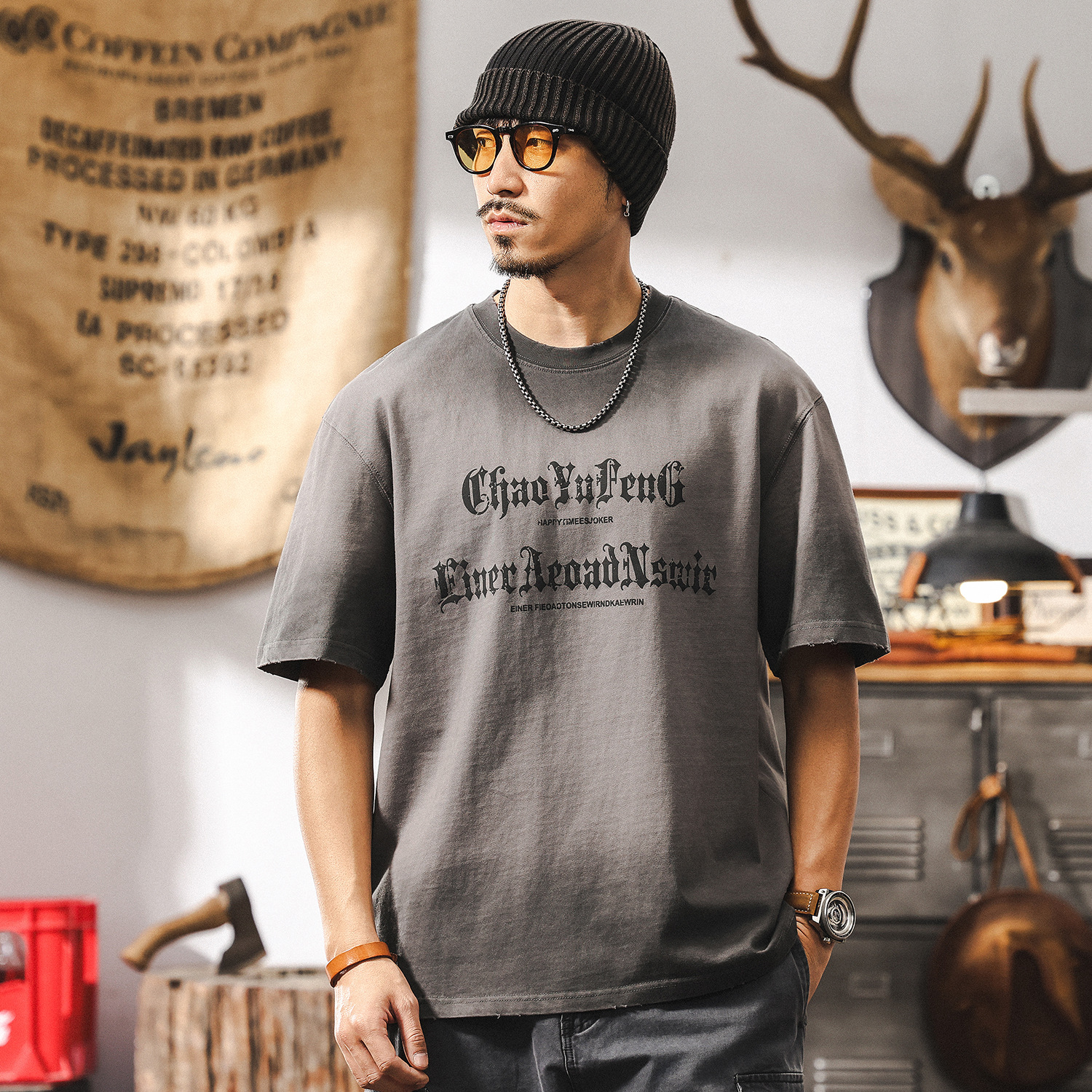 潮牌設計感短袖美式高街印花T恤男2025新款夏季男士寬鬆體恤上衣