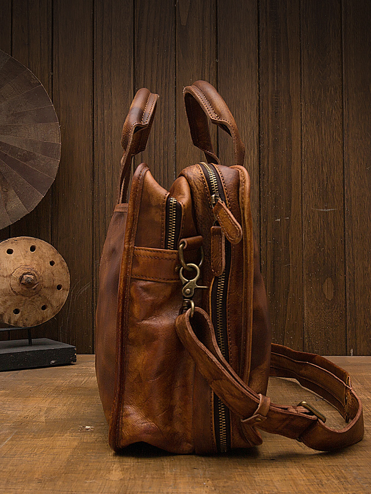 手工男士復古公文包手提男包頭層牛皮旅行包男款單肩斜挎包電腦包