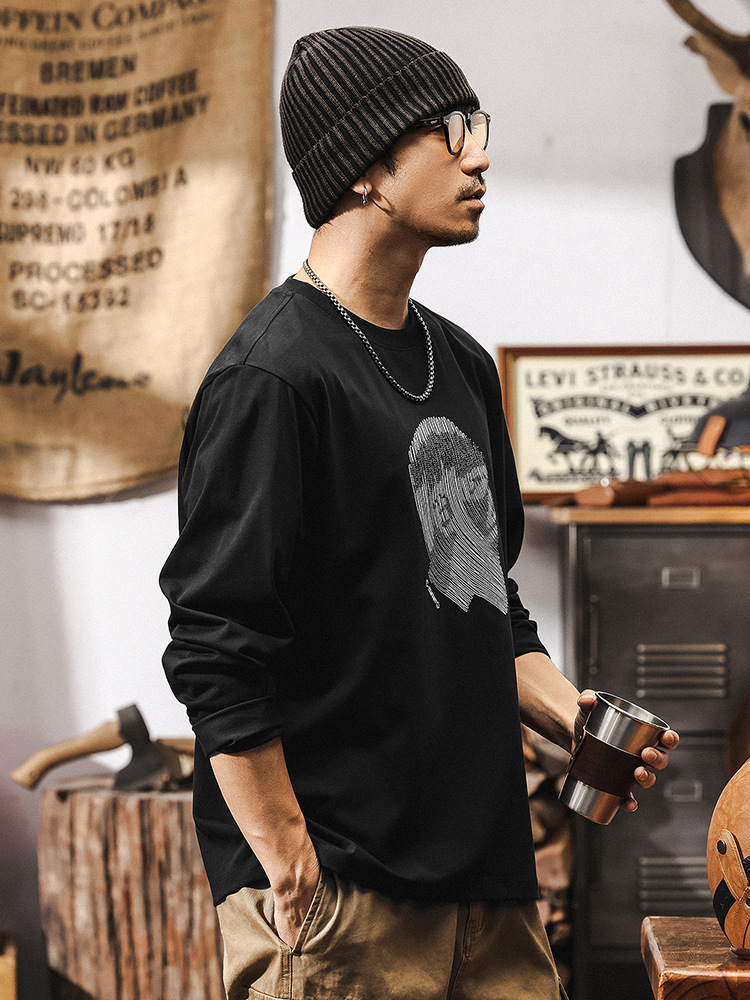 美式復古設計感重磅T恤男長袖春季寬鬆上衣男2025新款休閒圓領衫