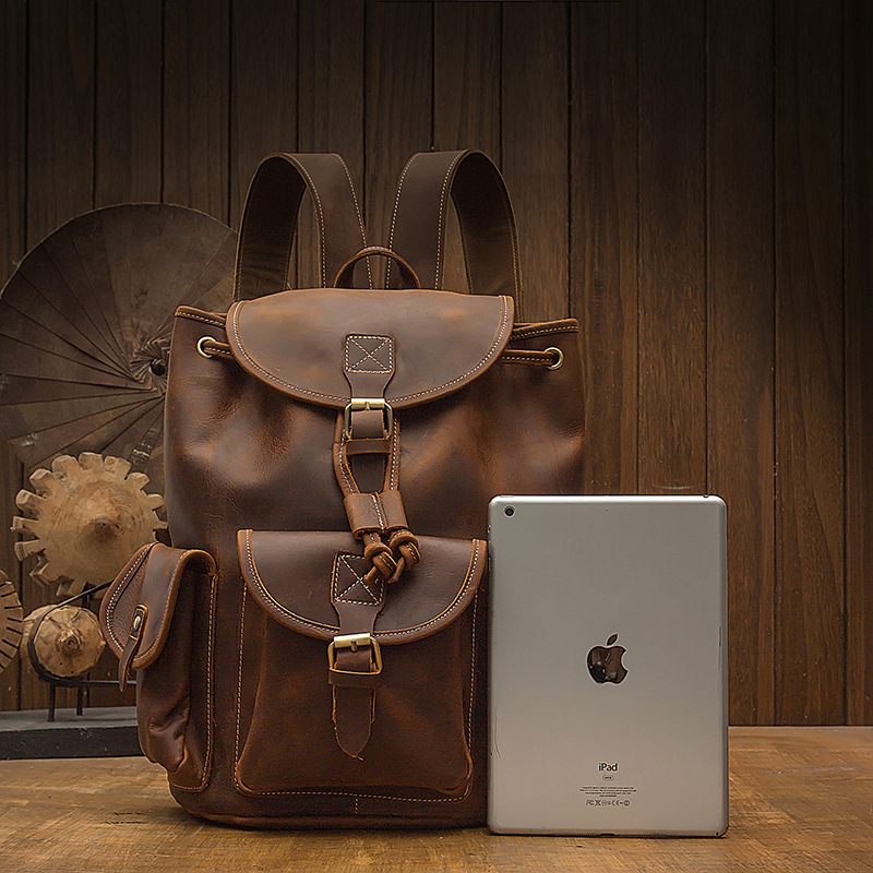 手工瘋馬皮雙肩包復古英倫風牛皮背包男真皮潮女士戶外背包旅行包