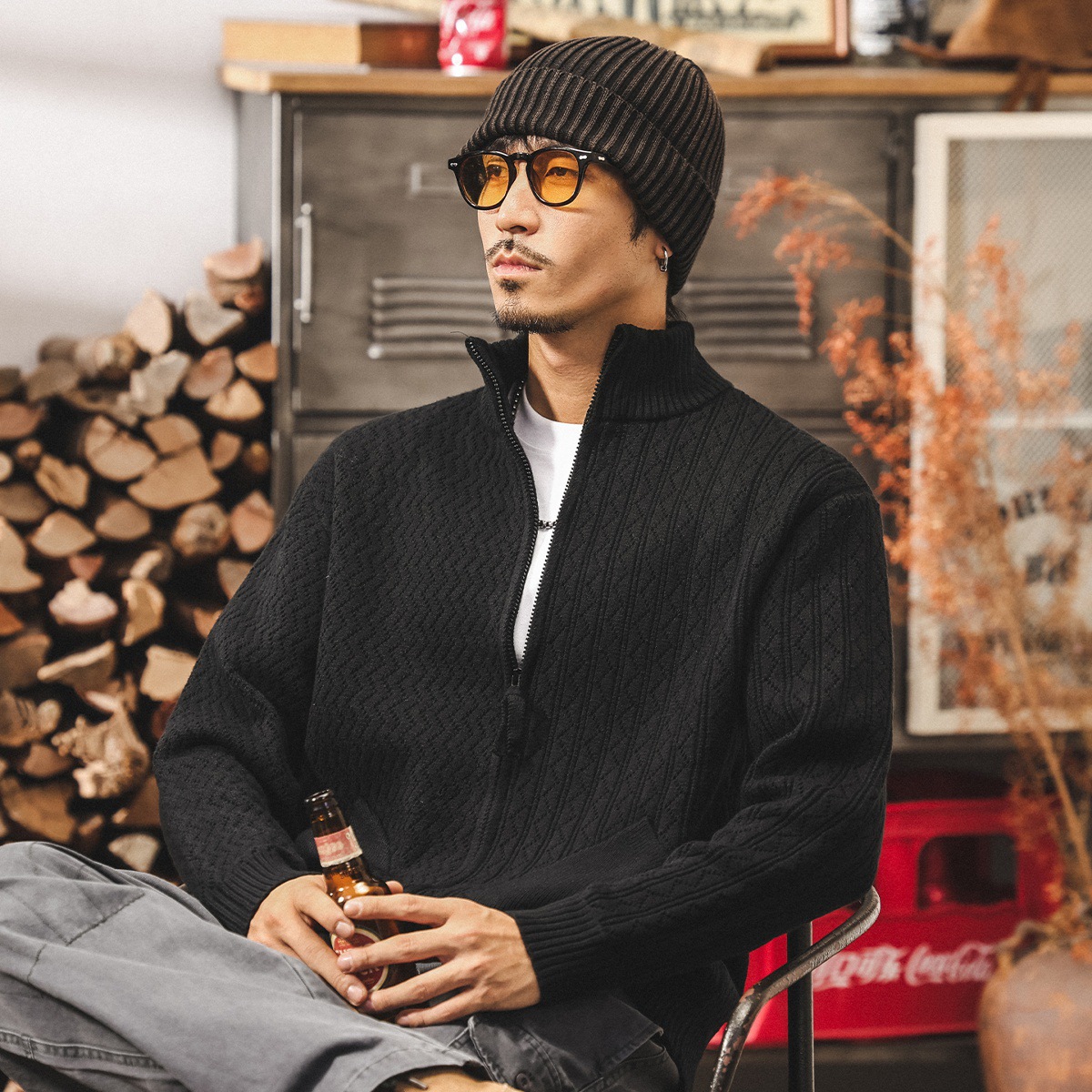 美式復古慵懶風立領開衫毛衣男春秋新款寬鬆拉鍊針織衫外套男秋冬