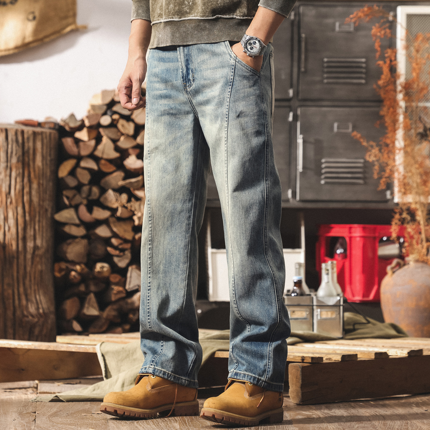 美式復古牛仔褲男直筒2025新款潮牌拼接寬鬆春秋水洗男士休閒長褲