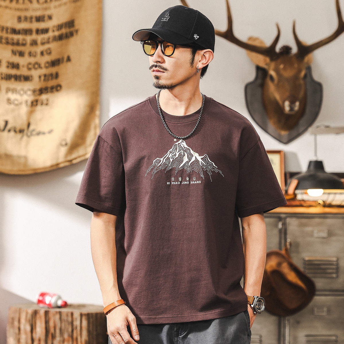 日照金山刺繡230g重磅T恤男士短袖夏季2025新款美式潮牌上衣