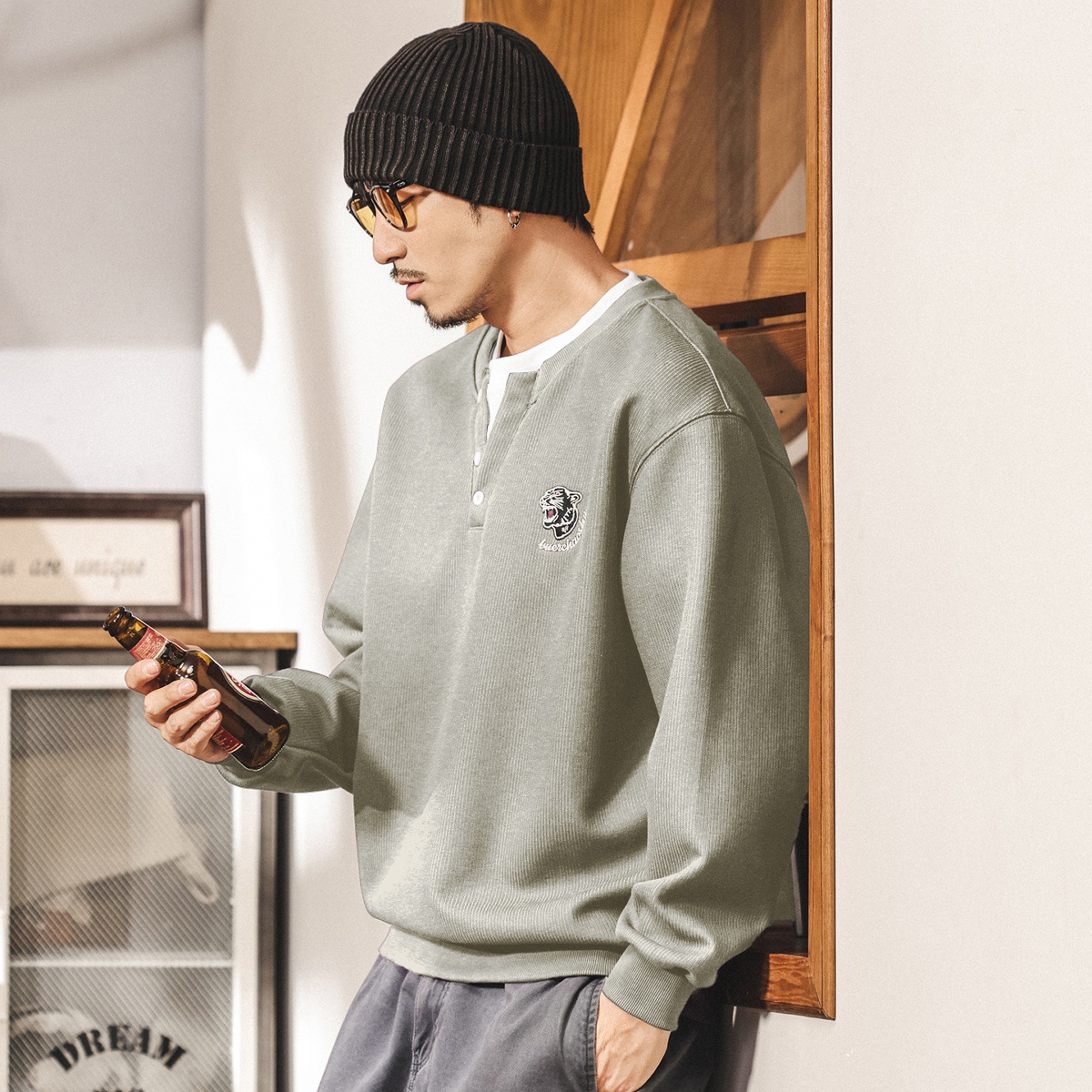 美式復古假兩件衛衣男潮牌2025新款春秋重磅寬鬆亨利領紫色上衣男