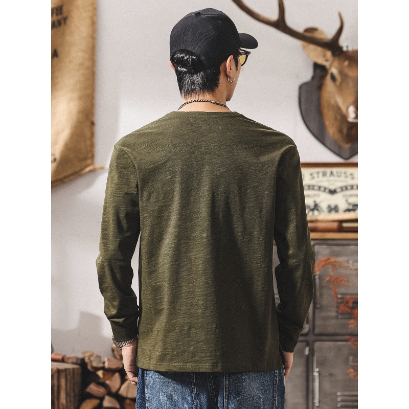 中式古風復古竹節棉t恤男長袖春秋新款潮牌寬鬆亨利領男士Polo衫