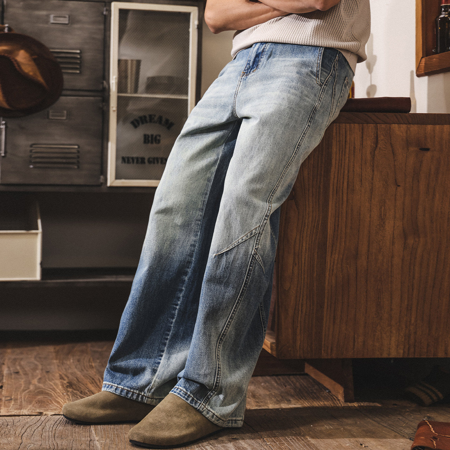 美式復古闊腿彎刀褲潮流直筒牛仔褲男春季新款男士褲子寬鬆休閒褲