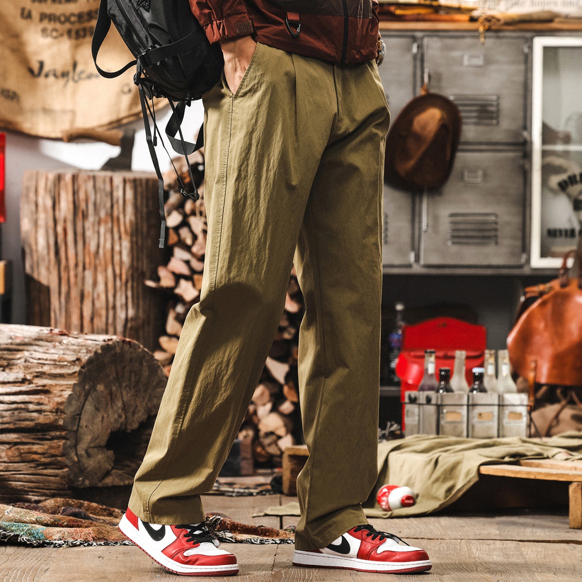 美式戶外軍綠色工裝褲子男夏季新款潮牌直筒寬鬆薄款速干休閒長褲