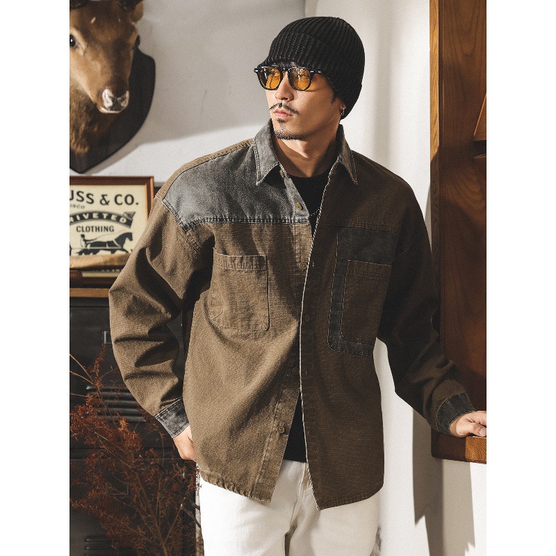 美式復古做舊工裝襯衫外套男春秋2025新款潮牌拼接寬鬆長袖襯衣男