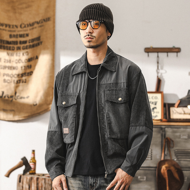美式重磅復古燈芯絨工裝外套男秋冬款潮流拼接寬鬆休閒夾克男秋季