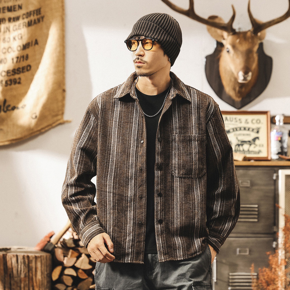 美式復古雪尼爾條紋提花襯衫外套男春秋新款寬鬆古着休閒長袖襯衣