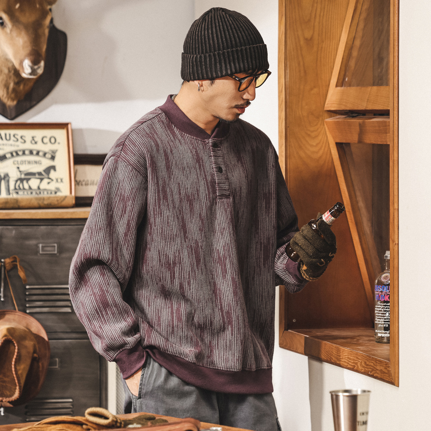 美式復古亨利領重磅衛衣男春秋新款潮牌寬鬆大碼潮流紫色男士上衣