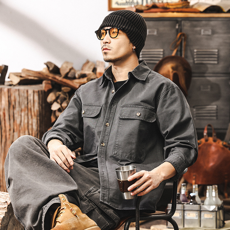 美式復古工裝襯衫男春季2025新款潮牌戶外硬漢長袖襯衣外套男