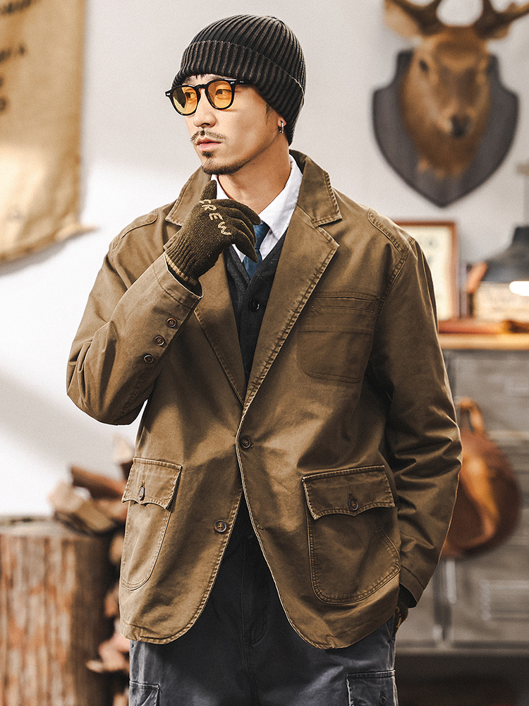 美式復古休閒西裝美拉德外套男春季潮牌2025新款做舊水洗工裝西服