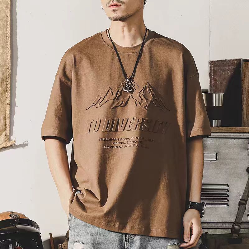 美式重磅t恤男短袖夏季潮流ins鋼印立體山系寬鬆大碼男裝純棉體恤