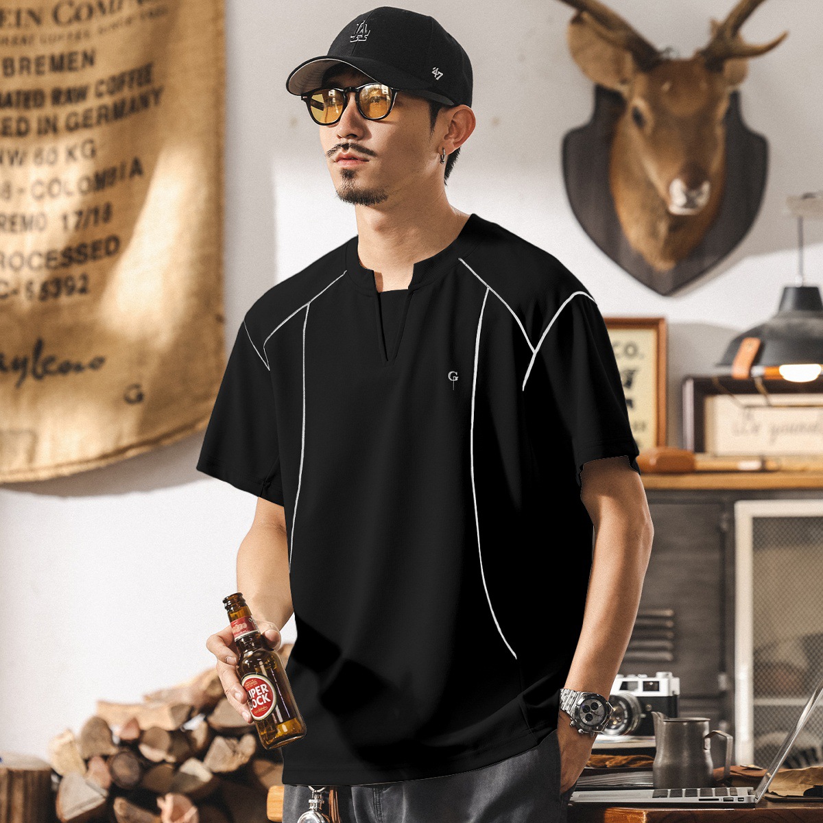 假兩件V領短袖t恤男夏季新款潮牌設計感拼接半袖體恤男士寬鬆上衣