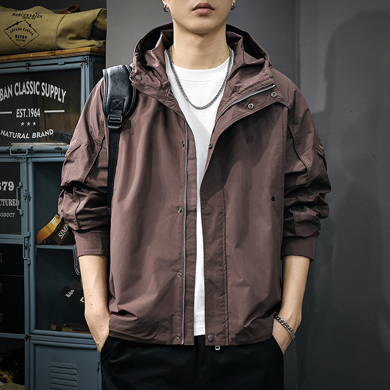 2025秋季新款橫條隱格連帽工裝夾克男寬鬆休閒復古戶外三防外套潮