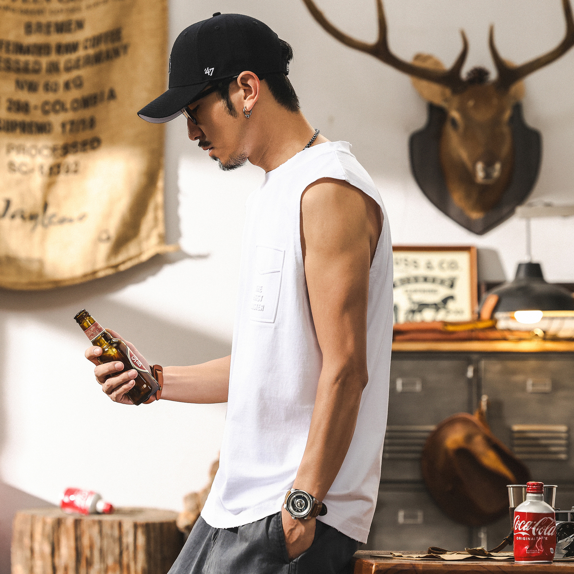 磨毛運動健身坎肩背心男款夏季2025新款潮牌寬鬆大碼男士上衣T恤