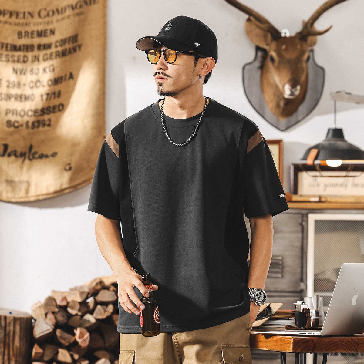 美式復古短袖T恤男夏季新款潮牌拼色寬鬆大碼男士上衣休閒體恤潮T