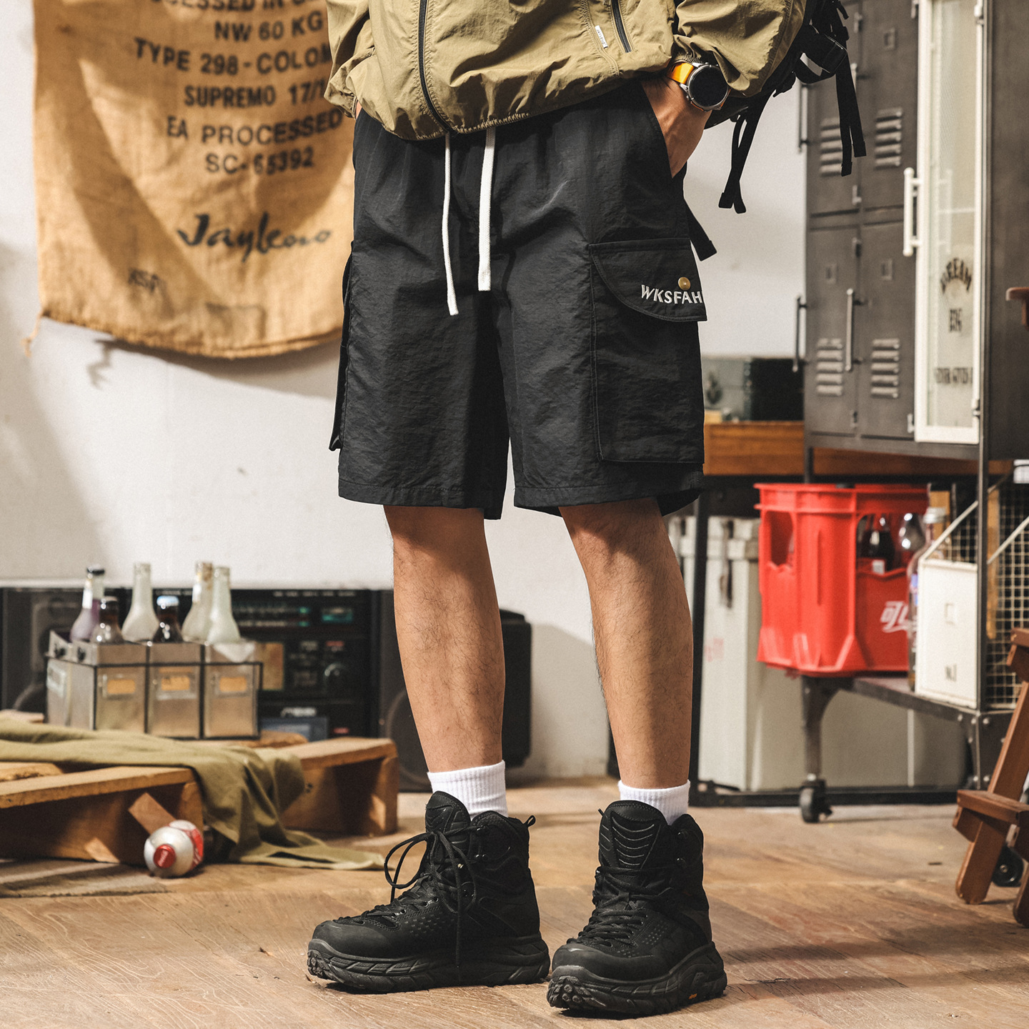 美式復古冰絲短褲男夏季新款潮牌工裝五分褲立體口袋寬鬆休閒中褲