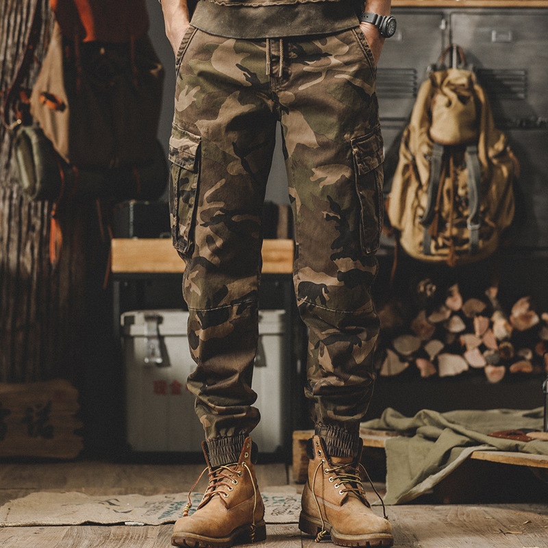 美式復古迷彩工裝褲子男寬鬆直筒2024年新款山系戶外通勤休閒褲男