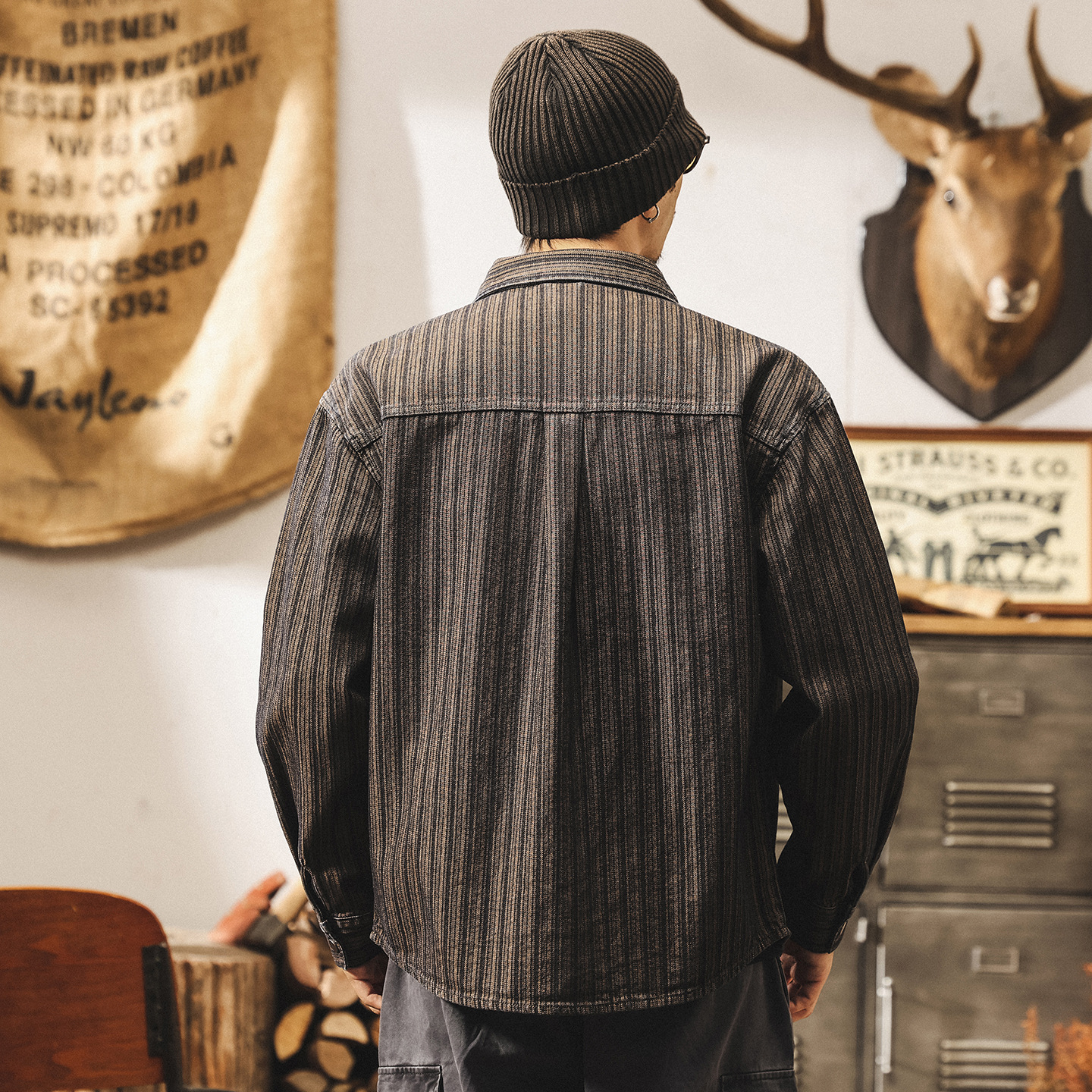 美式復古咖色條紋襯衫男長袖秋季潮牌寬鬆休閒外套男春秋新款襯衣