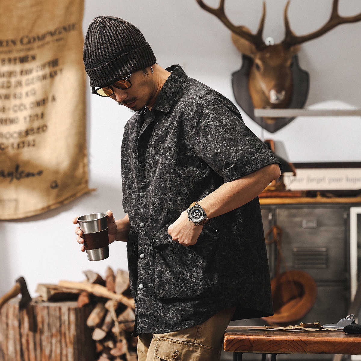 立體拉鍊口袋工裝襯衫男短袖夏季美式復古潮流戶外機能風襯衣外套