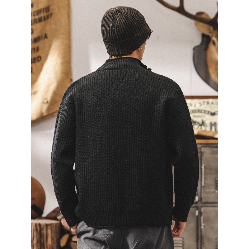 美式復古黑色開衫毛衣外套男春秋寬鬆立領慵懶風針織衫上衣男秋冬