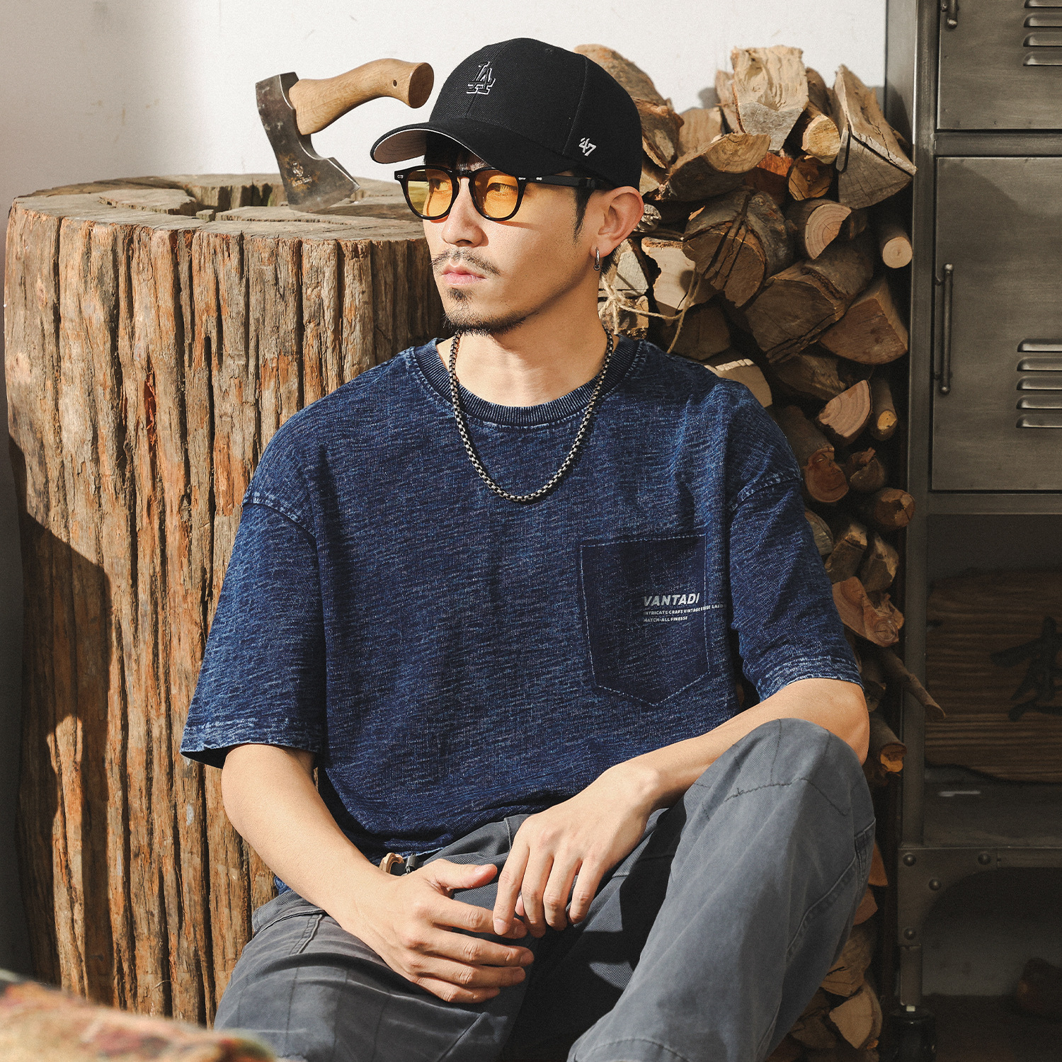 高級感竹節針織牛仔短袖男款夏季T恤男寬鬆潮牌美式復古上衣