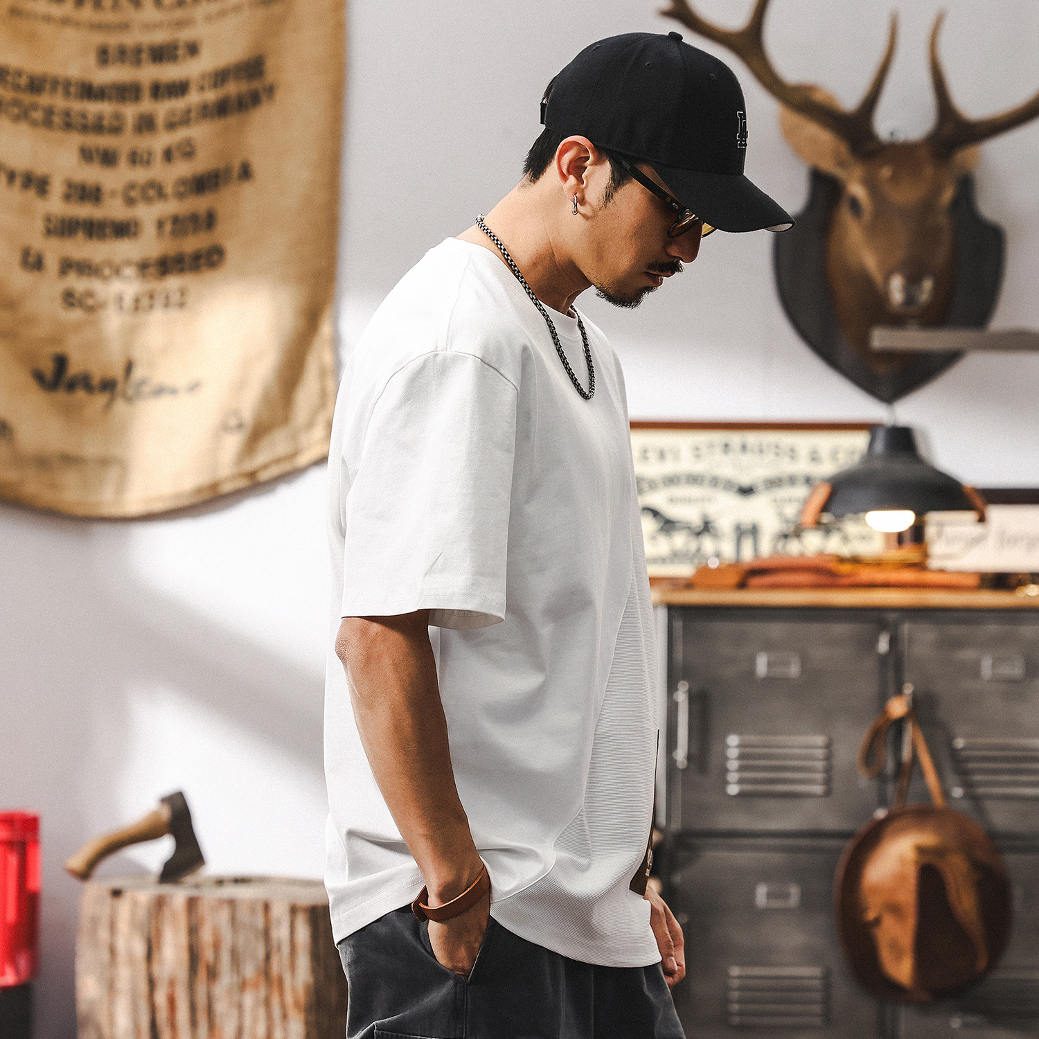 提花T恤男2025新款美式復古潮牌短袖男夏季寬鬆半截袖上衣男