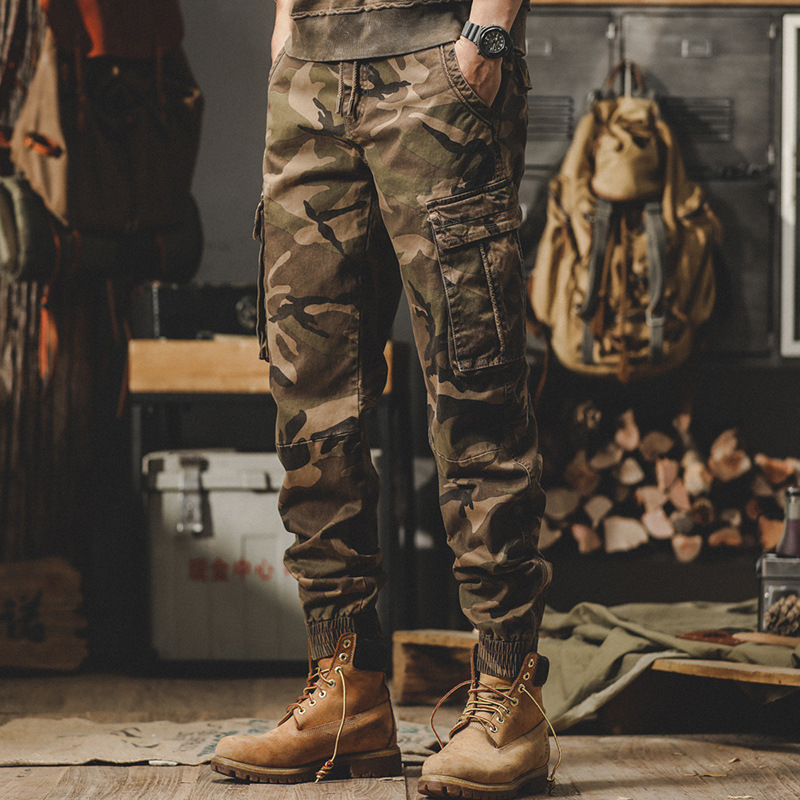 美式復古迷彩工裝褲子男寬鬆直筒2024年新款山系戶外通勤休閒褲男