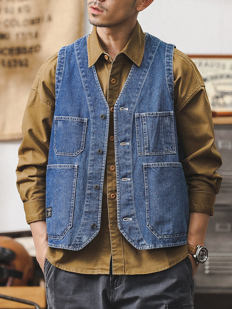 美式復古水洗牛仔馬甲外套男2024新款阿美咔嘰背心男重磅工裝夾克
