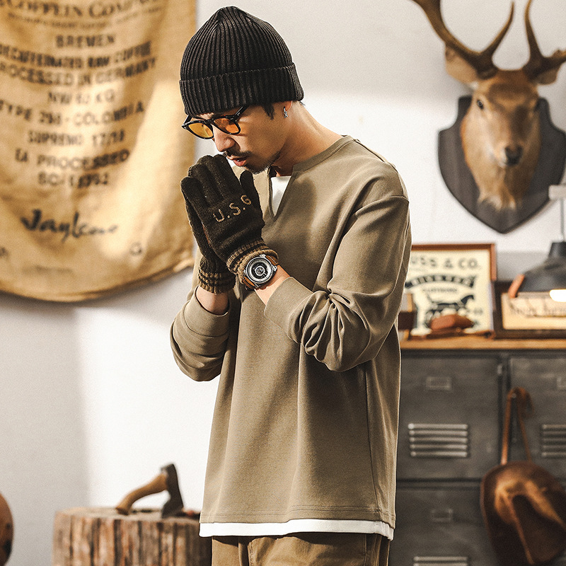 美式復古重磅假兩件長袖T恤男秋季寬鬆簡約百搭雙層V領休閒上衣男