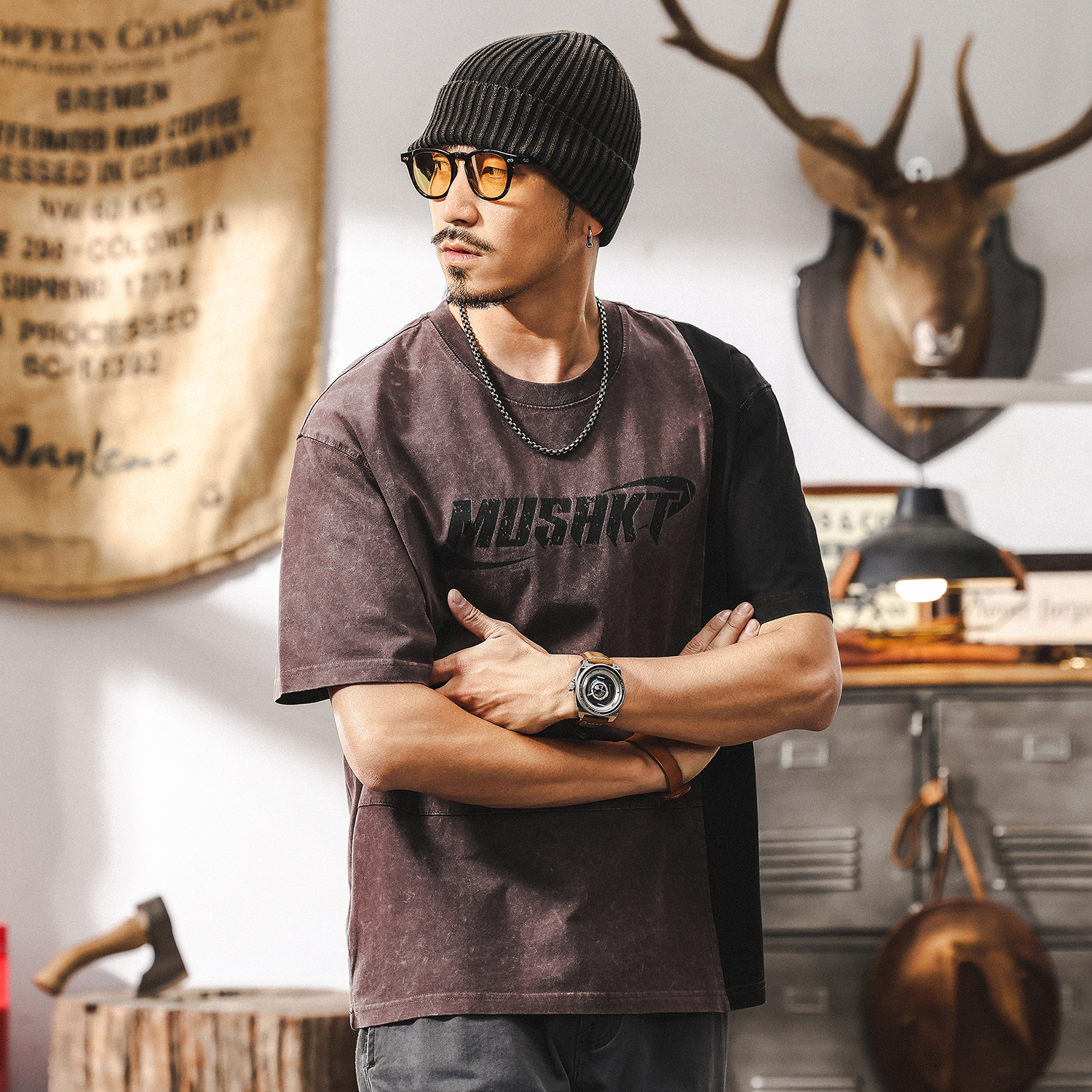 美式復古260g重磅T恤男潮牌短袖男夏季寬鬆拼接紫色男士印花上衣T