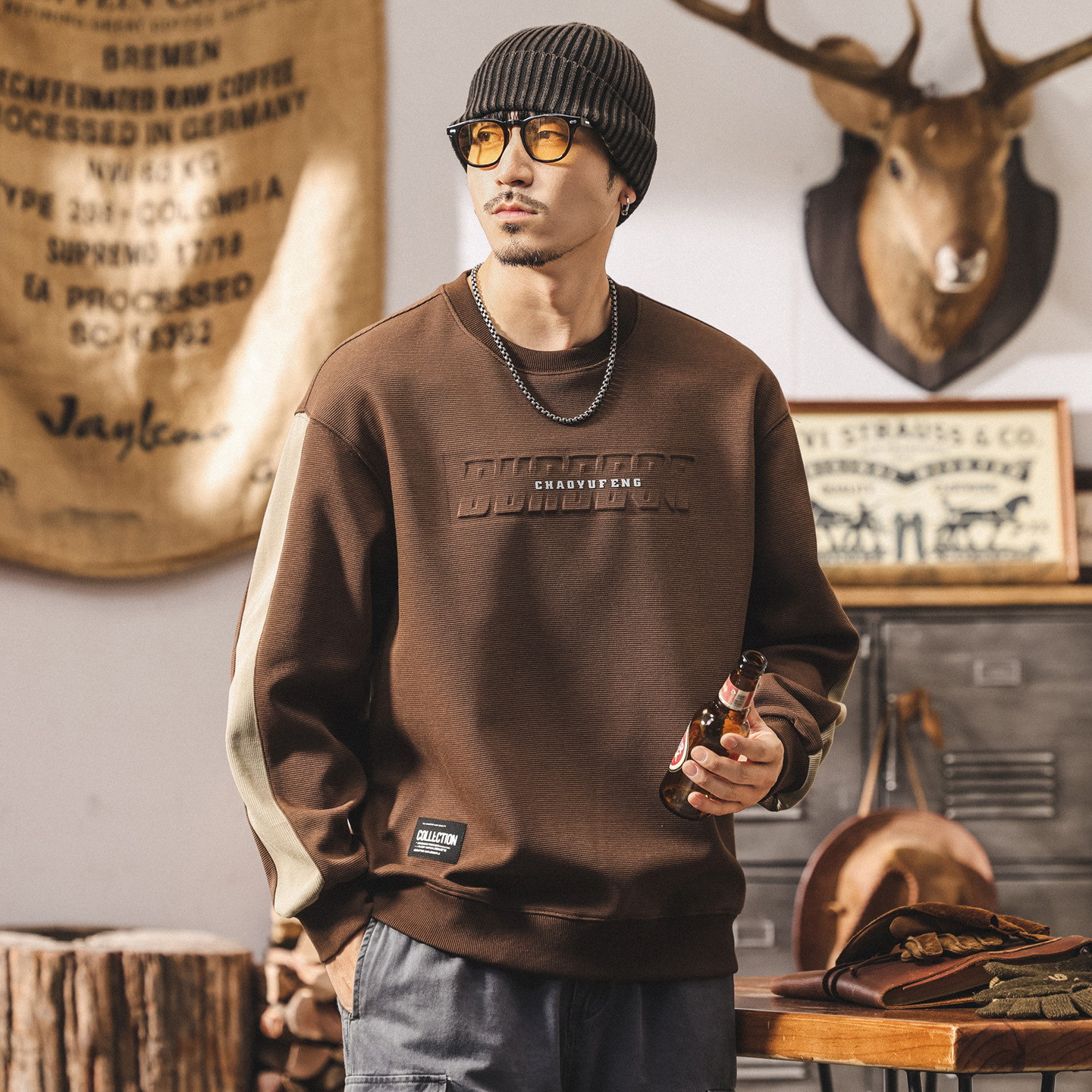 美式復古咖色衛衣男春秋2025新款立體鋼印360g重磅寬鬆休閒上衣男